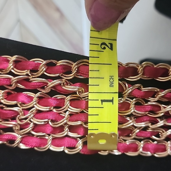 Multi Strand Gold Chain with Red Satin Ribbon Necklace Earrings Set New - Picture 6 of 9